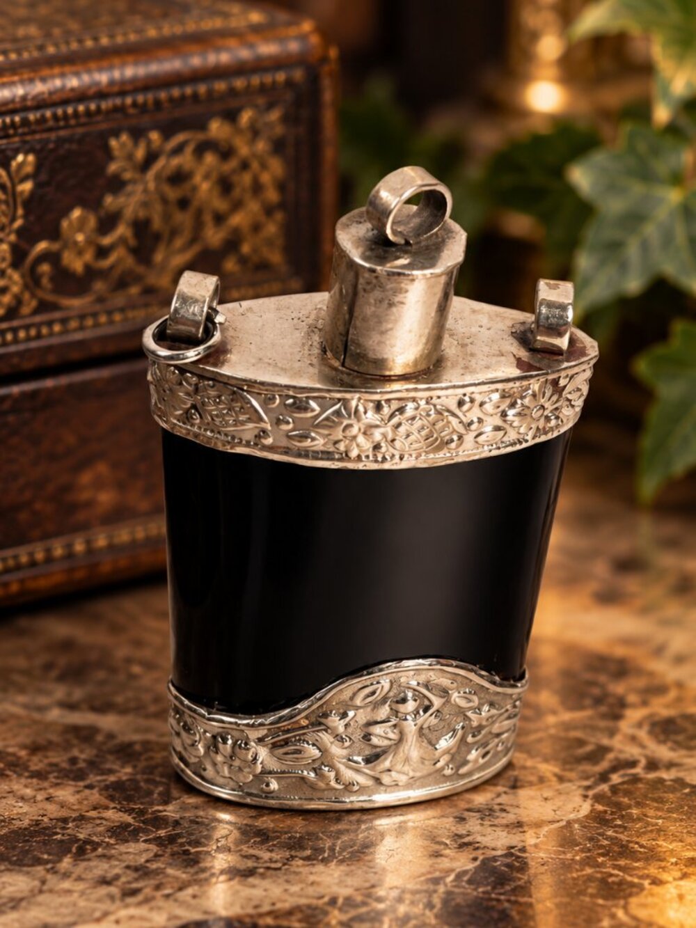 Vintage Miniature Perfume Bottle Black & Silver Tone Ornate Floral Design